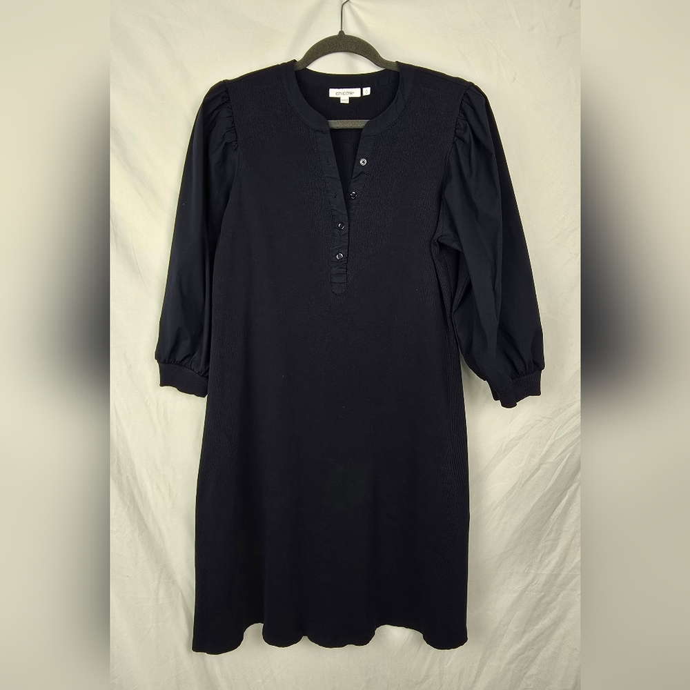 Chico's Minimalist Ribbed Knit Balloon Sleeves Henley Navy Shift Dress sz 12
